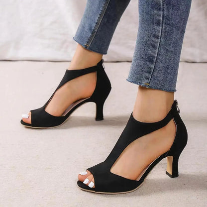 High Heel Womens Fashion Shoes - Zipper Back Closure Chunky French Heel, Round Toe T-strap Design Faux Leather Upper Rubber Sole Blue Wolf Store 