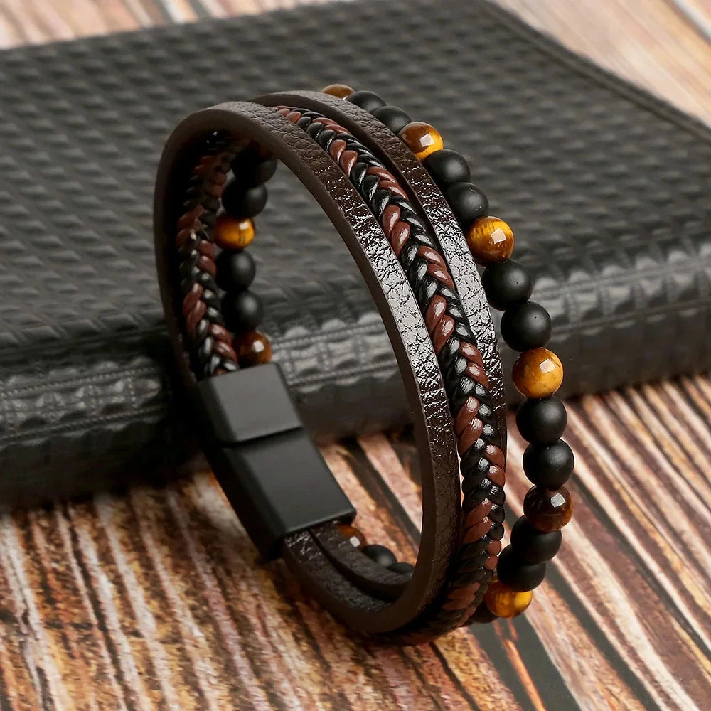 Hot Fashion Beads Leather Bracelet Men Classic Tiger Eye Beaded Multi Layer Leather Bracelet For Men Jewelry 2023 Gift Blue Wolf Store 