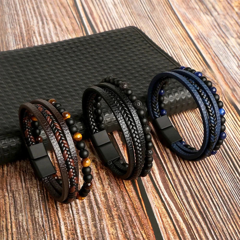 Hot Fashion Beads Leather Bracelet Men Classic Tiger Eye Beaded Multi Layer Leather Bracelet For Men Jewelry 2023 Gift Blue Wolf Store 