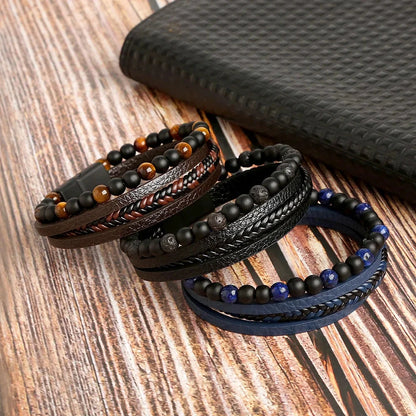 Hot Fashion Beads Leather Bracelet Men Classic Tiger Eye Beaded Multi Layer Leather Bracelet For Men Jewelry 2023 Gift Blue Wolf Store 