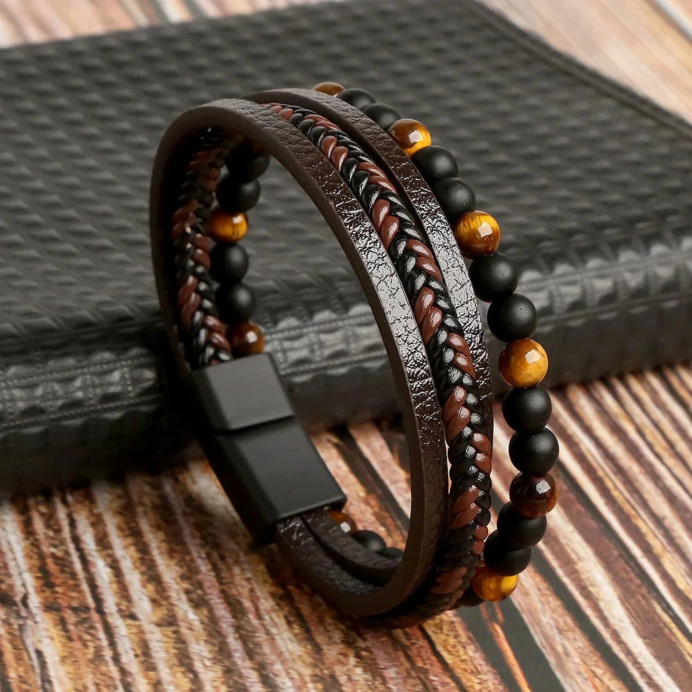 Hot Fashion Beads Leather Bracelet Men Classic Tiger Eye Beaded Multi Layer Leather Bracelet For Men Jewelry 2023 Gift Blue Wolf Store Brown beads 21cm 