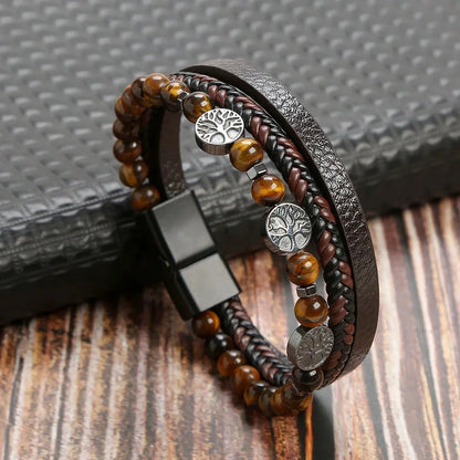 Hot Fashion Beads Leather Bracelet Men Classic Tiger Eye Beaded Multi Layer Leather Bracelet For Men Jewelry 2023 Gift Blue Wolf Store Brown life tree 23cm 