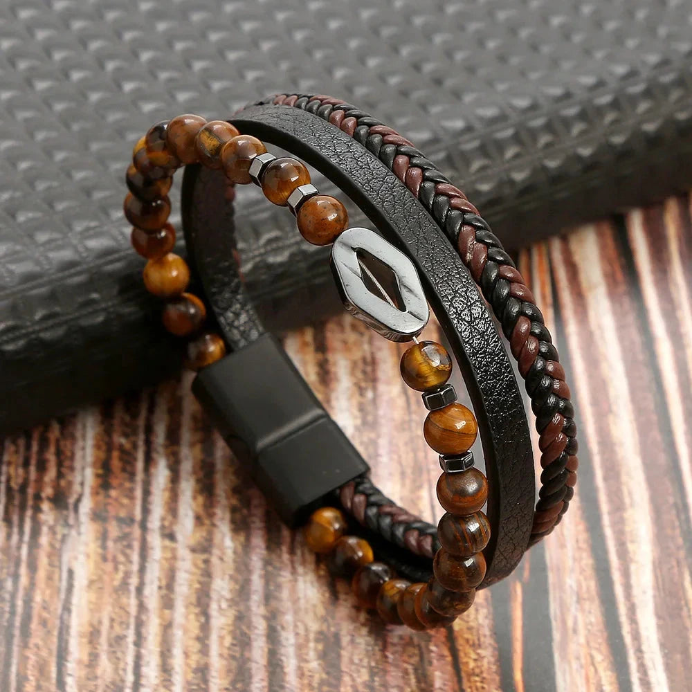 Hot Fashion Beads Leather Bracelet Men Classic Tiger Eye Beaded Multi Layer Leather Bracelet For Men Jewelry 2023 Gift Blue Wolf Store Brown Rhombus 21cm 