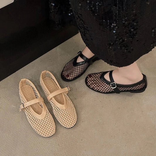 In Summer, Wear Round Toe, Straight Buckles, Casual and Comfortable, Women's Flats, Cut-out Mary Jane Single Shoes,fishnet Shoes Blue Wolf Store 