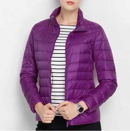 Johnature 2025 New Women Coat Autumn Winter White Duck Down Jacket Solid Colors Warm Slim Zipper Fashion Light Down Coat Blue Wolf Store dark purple Stand XXXL 