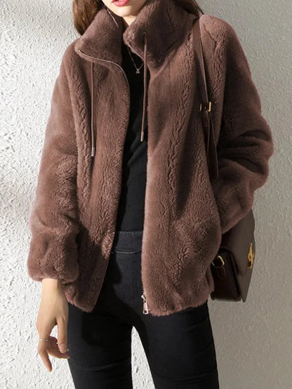 Korean Women Long Sleeve Jackets New Autumn Winter Jackets for Women Plush Thickened Double Sided Cashmere Lapel Warm Coat blusa Blue Wolf Store Dark brown S 