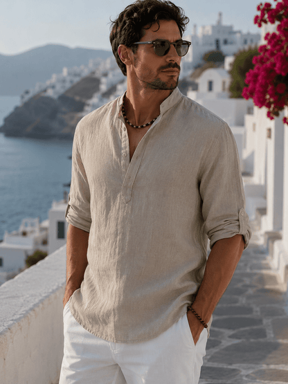 Lorenzo Men's Casual Cotton and Linen Shirt Lorenzo Men's Casual Cotton and Linen Shirt Blue Wolf Store 
