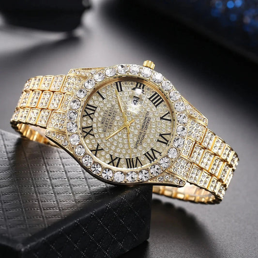 Luxury Classic Golden Men's Steel Strap Roman Scale Rhinestone Calendar Quartz Watch Fashion Male Wristwatch Relogio Masculino Blue Wolf Store golden CN 
