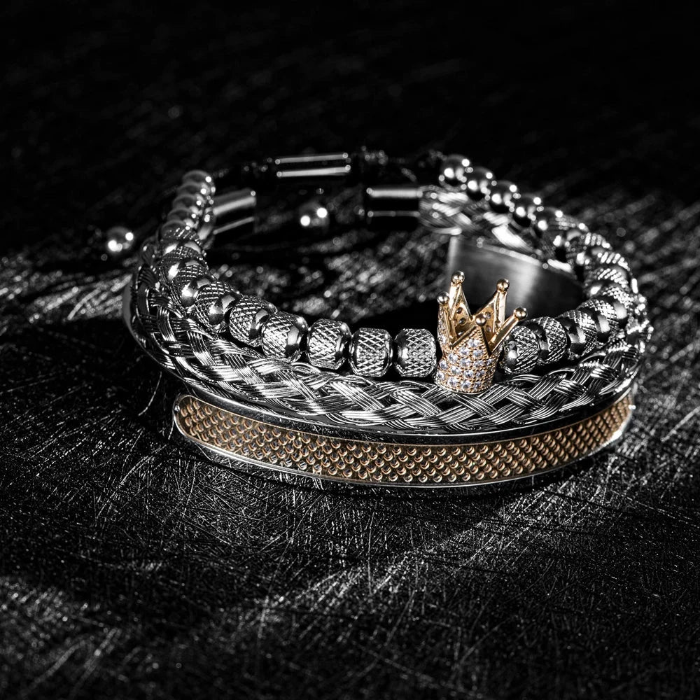 Luxury Set Handmade Men Crown Bracelets Contrast Colour Bangles Hemp Rope Buckle Open Stainless Steel Micro Pave CZ Jewelry Blue Wolf Store 