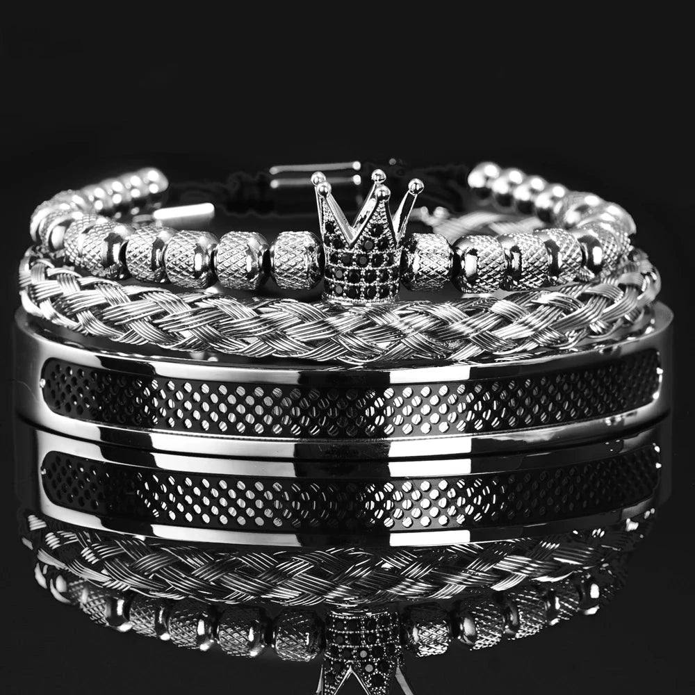 Luxury Set Handmade Men Crown Bracelets Contrast Colour Bangles Hemp Rope Buckle Open Stainless Steel Micro Pave CZ Jewelry Blue Wolf Store 