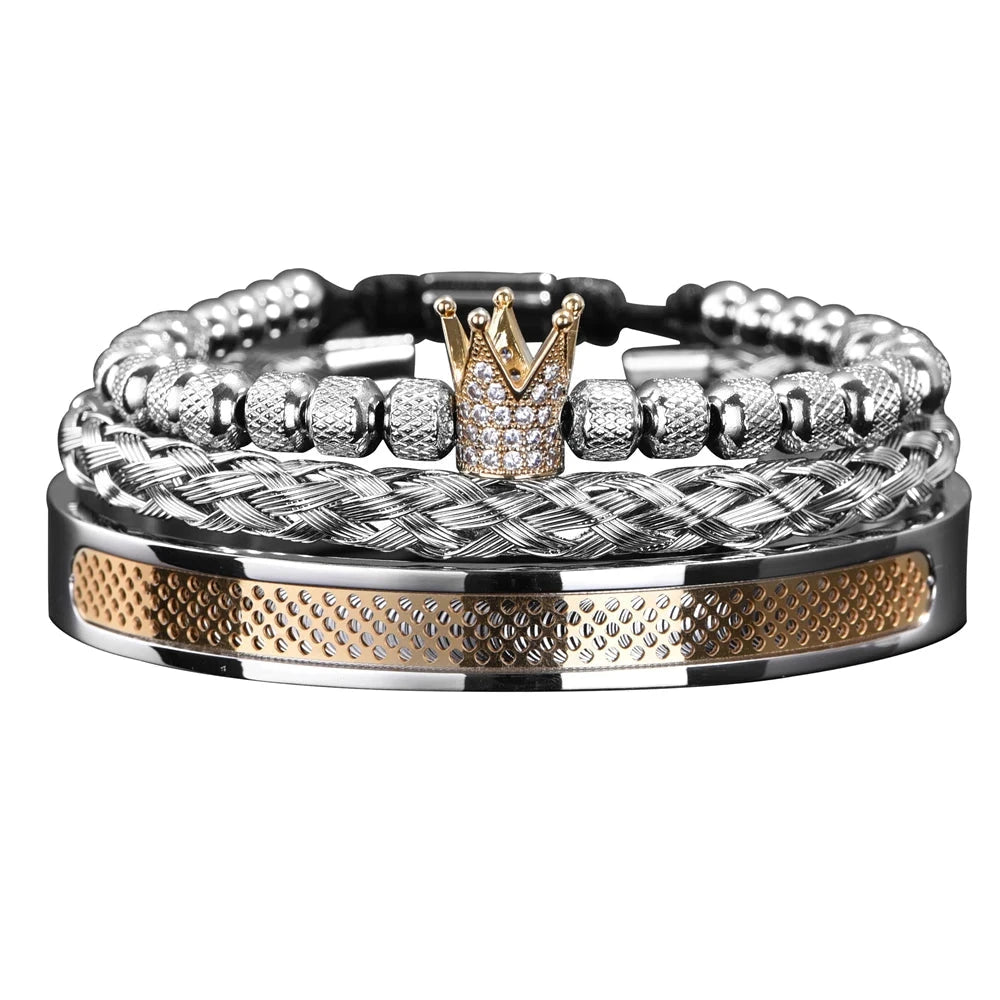 Luxury Set Handmade Men Crown Bracelets Contrast Colour Bangles Hemp Rope Buckle Open Stainless Steel Micro Pave CZ Jewelry Blue Wolf Store 