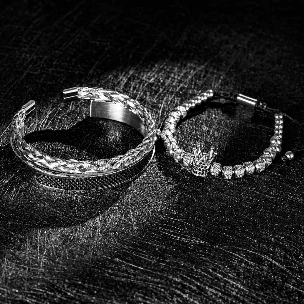 Luxury Set Handmade Men Crown Bracelets Contrast Colour Bangles Hemp Rope Buckle Open Stainless Steel Micro Pave CZ Jewelry Blue Wolf Store 