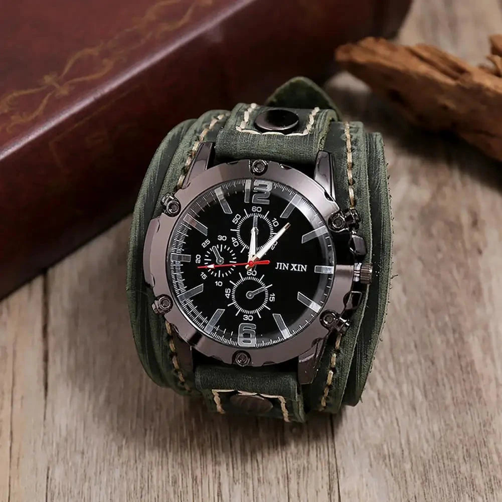 Men Watch Round Dial Precise Retro Adjustable Cool Birthday Gift Universal Handmade Sewing Faux Leather Strap Quartz Watch Blue Wolf Store 