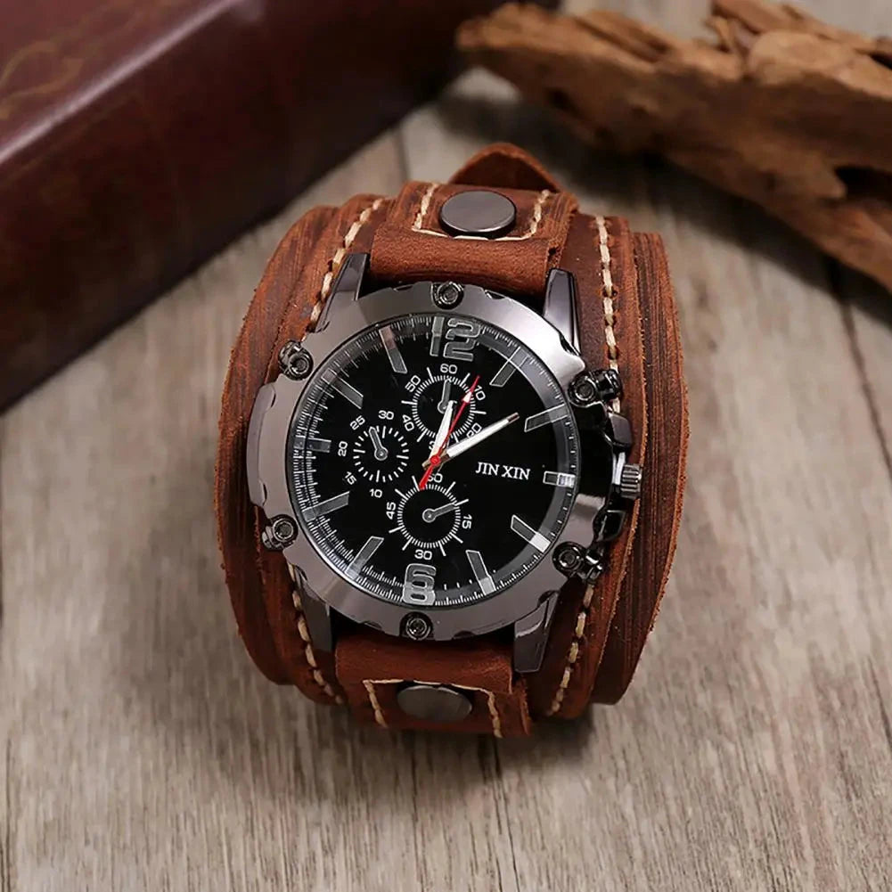 Men Watch Round Dial Precise Retro Adjustable Cool Birthday Gift Universal Handmade Sewing Faux Leather Strap Quartz Watch Blue Wolf Store 