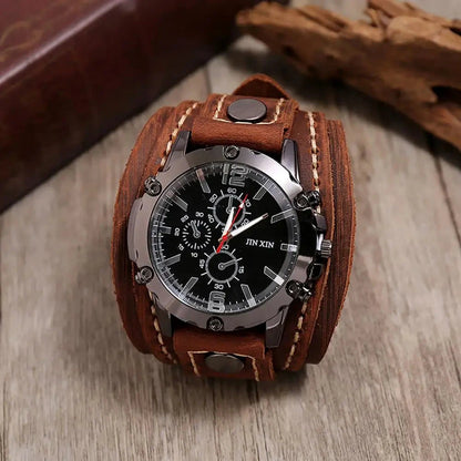 Men Watch Round Dial Precise Retro Adjustable Cool Birthday Gift Universal Handmade Sewing Faux Leather Strap Quartz Watch Blue Wolf Store 