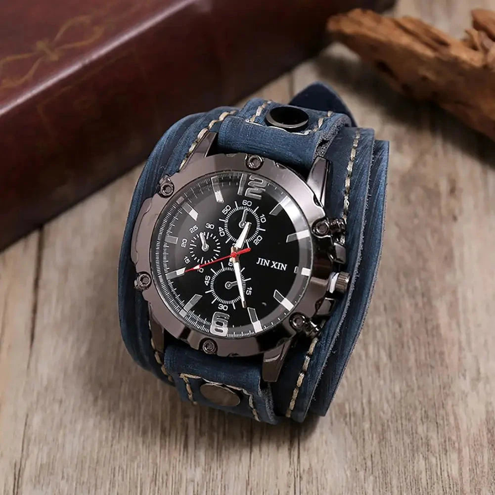 Men Watch Round Dial Precise Retro Adjustable Cool Birthday Gift Universal Handmade Sewing Faux Leather Strap Quartz Watch Blue Wolf Store 