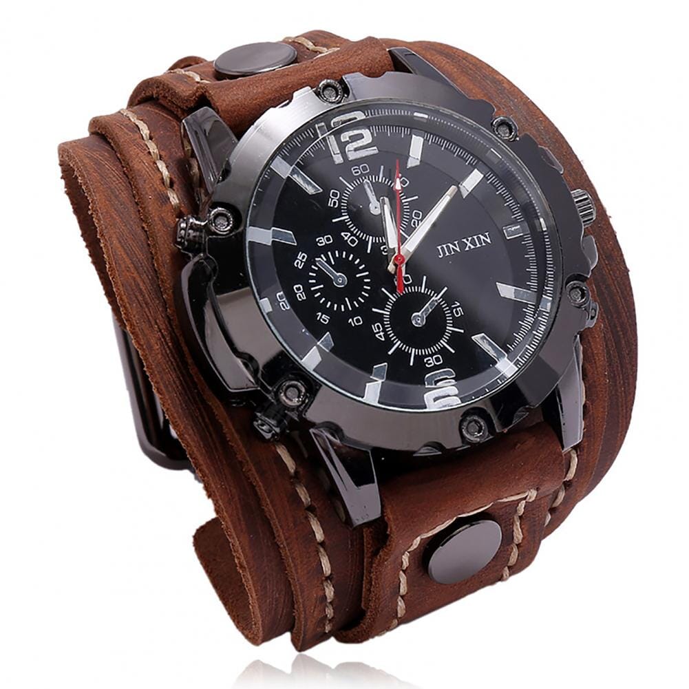 Men Watch Round Dial Precise Retro Adjustable Cool Birthday Gift Universal Handmade Sewing Faux Leather Strap Quartz Watch Blue Wolf Store 