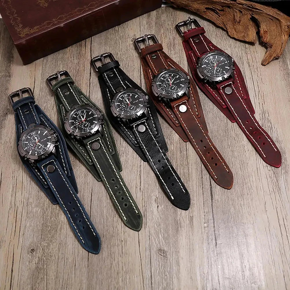 Men Watch Round Dial Precise Retro Adjustable Cool Birthday Gift Universal Handmade Sewing Faux Leather Strap Quartz Watch Blue Wolf Store 
