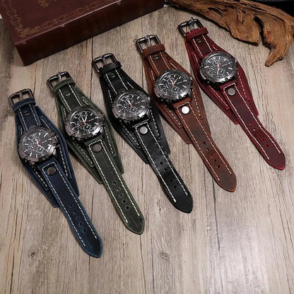 Men Watch Round Dial Precise Retro Adjustable Cool Birthday Gift Universal Handmade Sewing Faux Leather Strap Quartz Watch Blue Wolf Store 