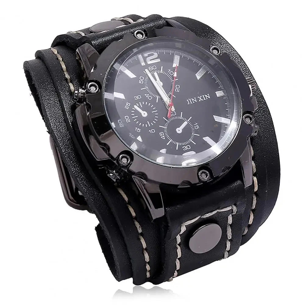 Men Watch Round Dial Precise Retro Adjustable Cool Birthday Gift Universal Handmade Sewing Faux Leather Strap Quartz Watch Blue Wolf Store black 