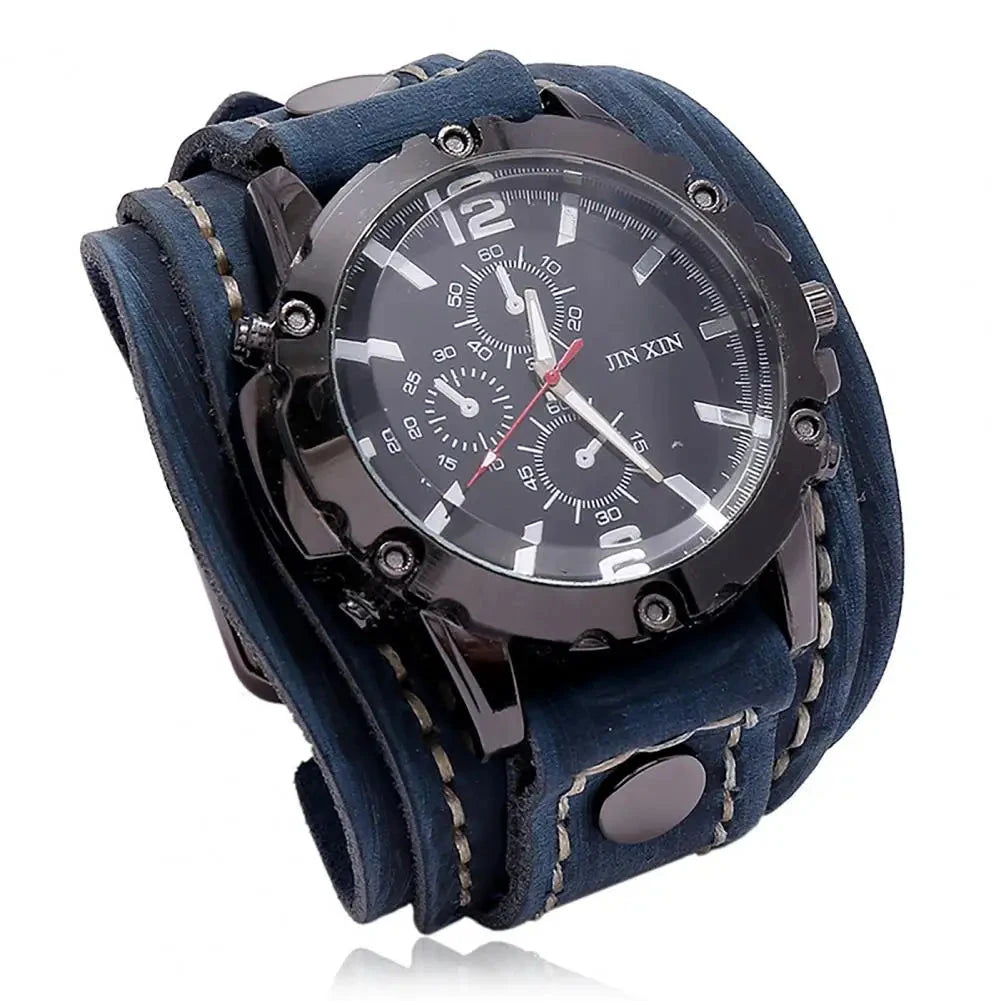 Men Watch Round Dial Precise Retro Adjustable Cool Birthday Gift Universal Handmade Sewing Faux Leather Strap Quartz Watch Blue Wolf Store Blue 