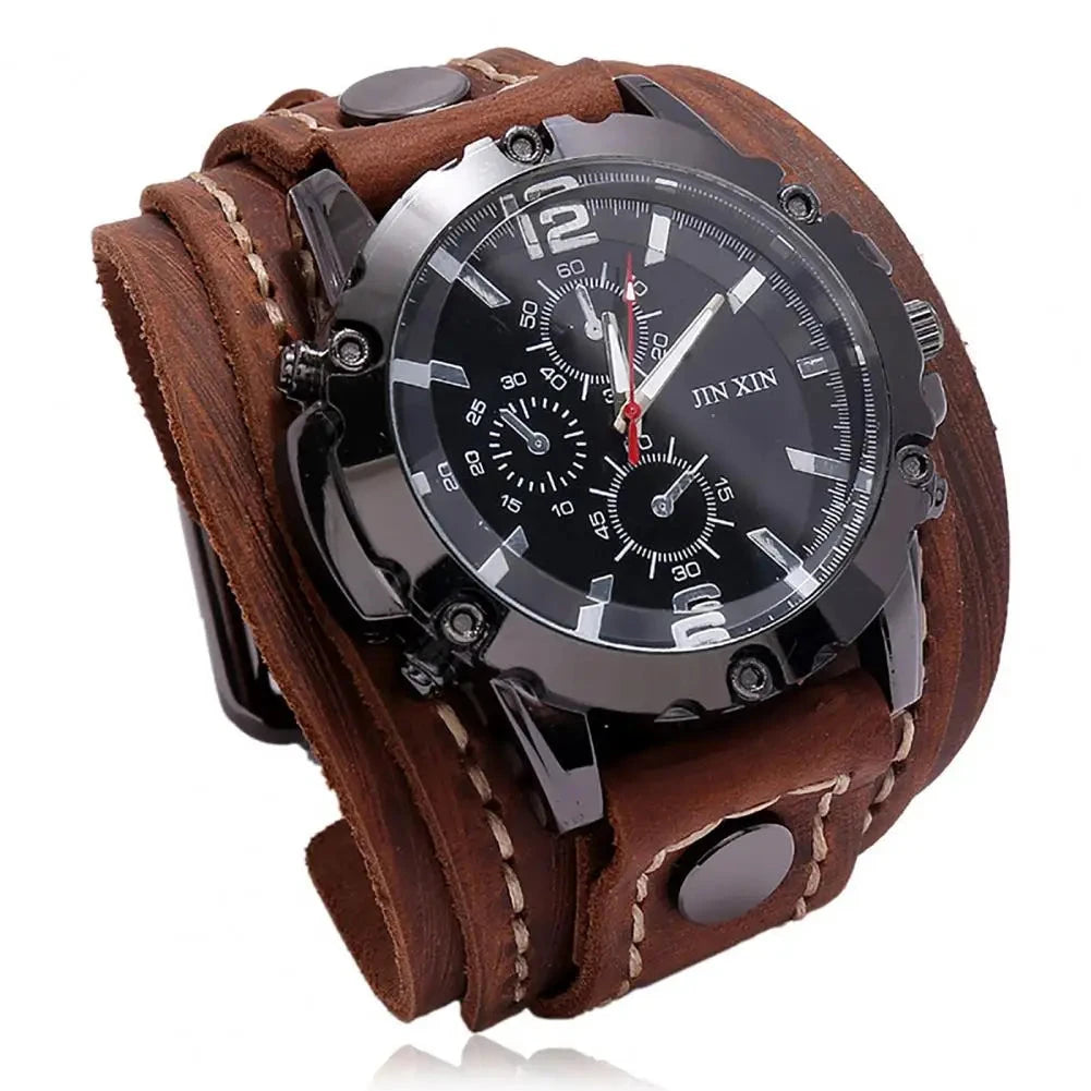 Men Watch Round Dial Precise Retro Adjustable Cool Birthday Gift Universal Handmade Sewing Faux Leather Strap Quartz Watch Blue Wolf Store Brown 