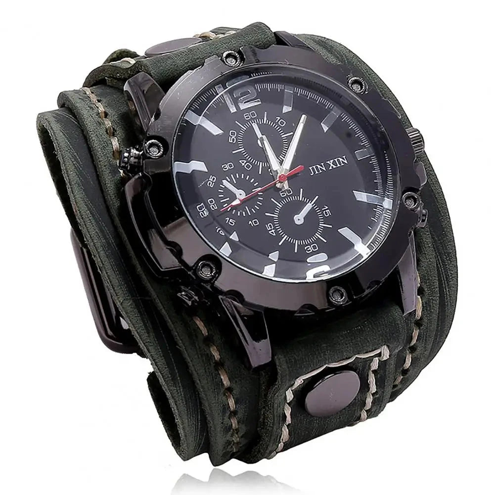 Men Watch Round Dial Precise Retro Adjustable Cool Birthday Gift Universal Handmade Sewing Faux Leather Strap Quartz Watch Blue Wolf Store green 