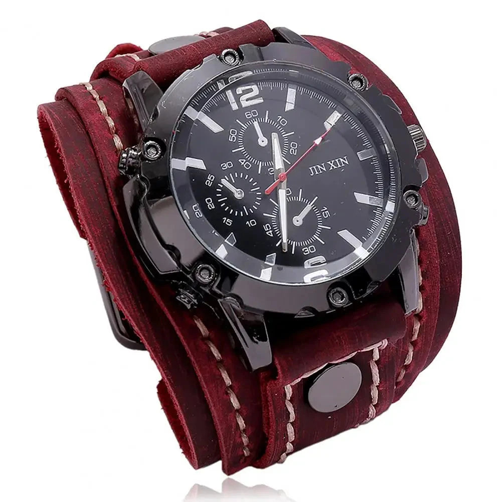 Men Watch Round Dial Precise Retro Adjustable Cool Birthday Gift Universal Handmade Sewing Faux Leather Strap Quartz Watch Blue Wolf Store Red 