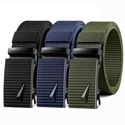 Men's Belt Automatic Metal Buckle Imitation Nylon Webbing Outdoor Work Belt Toothless Automatic Buckle Casual Sports Canvas Belt Blue Wolf Store 