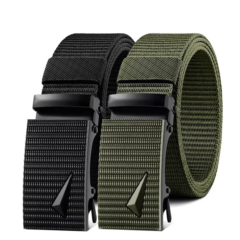 Men's Belt Automatic Metal Buckle Imitation Nylon Webbing Outdoor Work Belt Toothless Automatic Buckle Casual Sports Canvas Belt Blue Wolf Store 