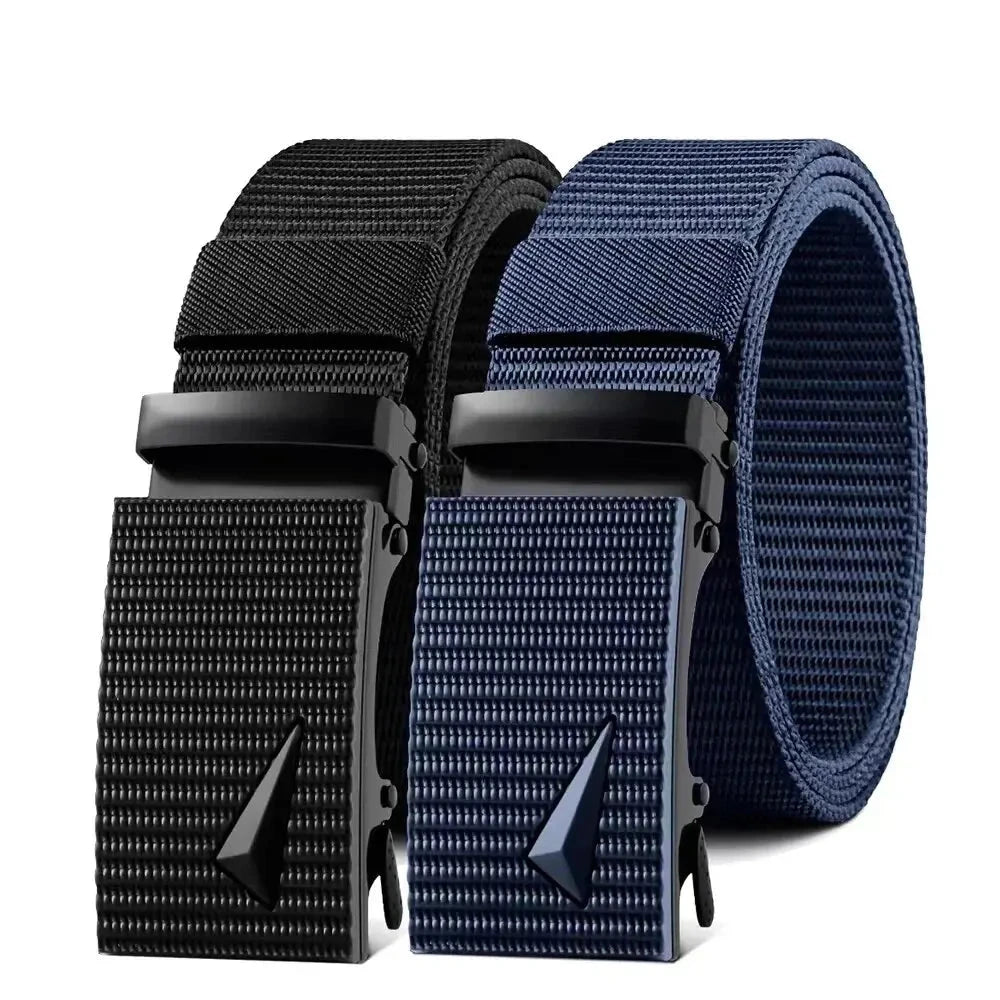 Men's Belt Automatic Metal Buckle Imitation Nylon Webbing Outdoor Work Belt Toothless Automatic Buckle Casual Sports Canvas Belt Blue Wolf Store 
