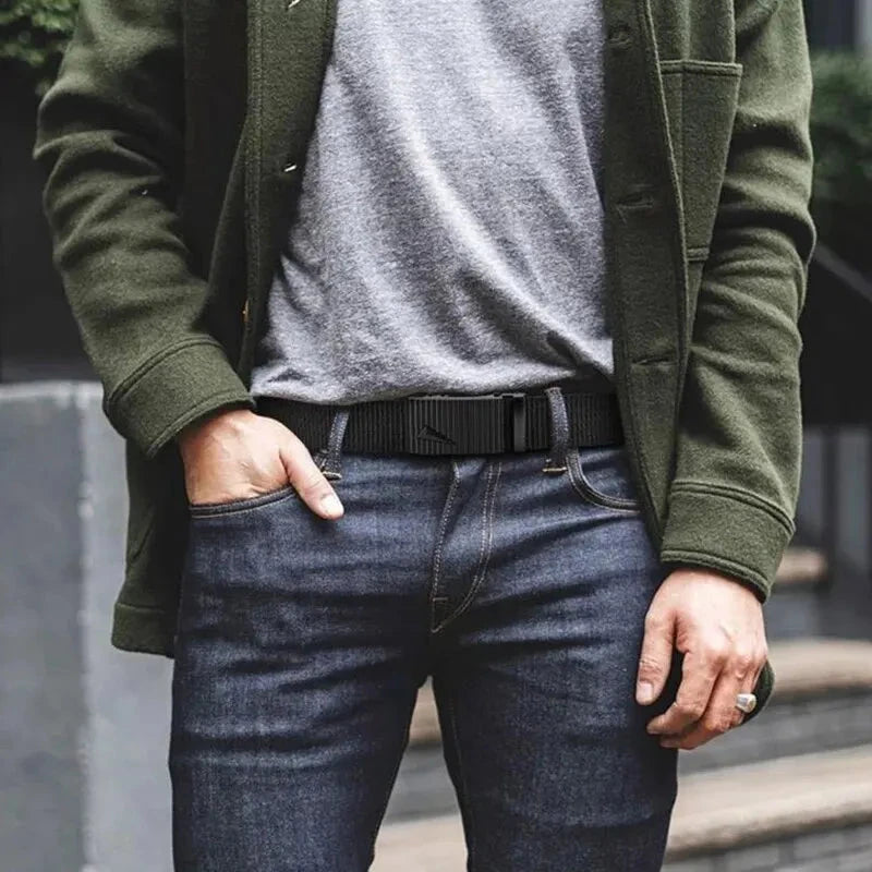 Men's Belt Automatic Metal Buckle Imitation Nylon Webbing Outdoor Work Belt Toothless Automatic Buckle Casual Sports Canvas Belt Blue Wolf Store 