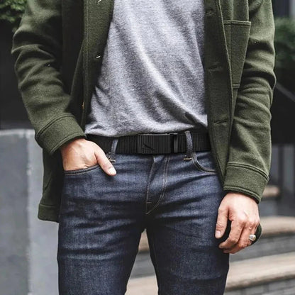 Men's Belt Automatic Metal Buckle Imitation Nylon Webbing Outdoor Work Belt Toothless Automatic Buckle Casual Sports Canvas Belt Blue Wolf Store 