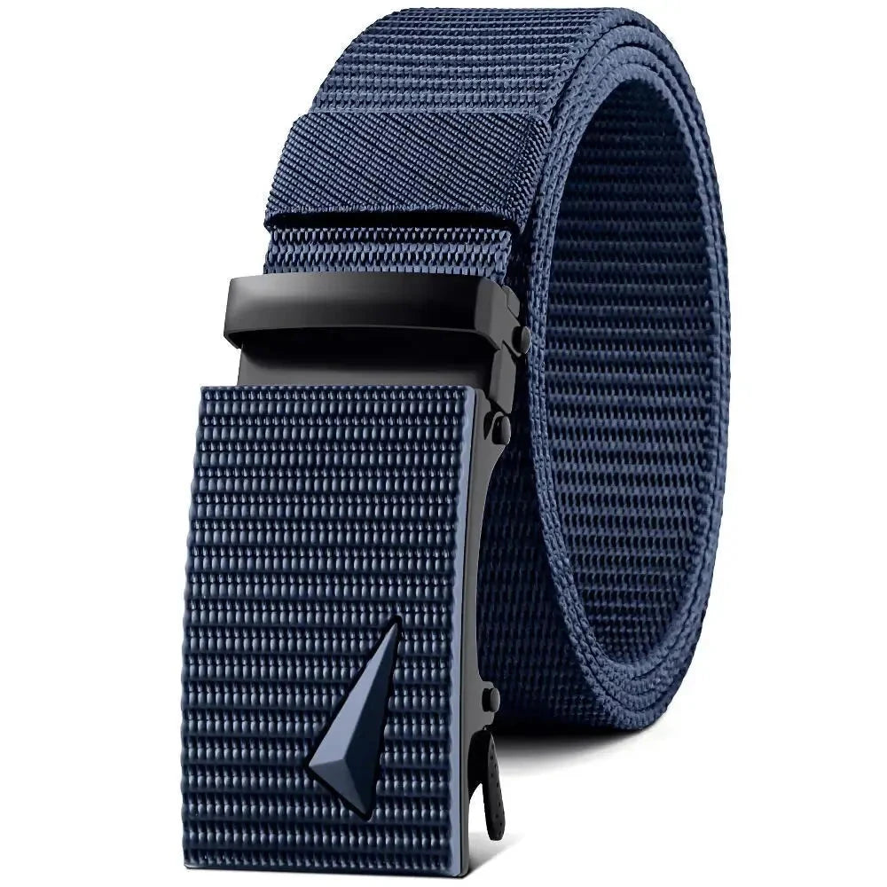 Men's Belt Automatic Metal Buckle Imitation Nylon Webbing Outdoor Work Belt Toothless Automatic Buckle Casual Sports Canvas Belt Blue Wolf Store Blue 120cm 