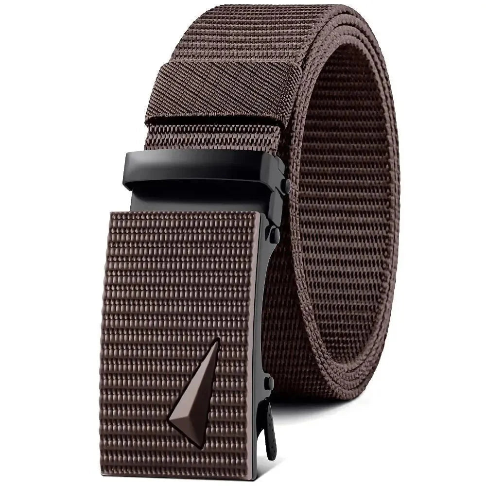 Men's Belt Automatic Metal Buckle Imitation Nylon Webbing Outdoor Work Belt Toothless Automatic Buckle Casual Sports Canvas Belt Blue Wolf Store Coffee 120cm 