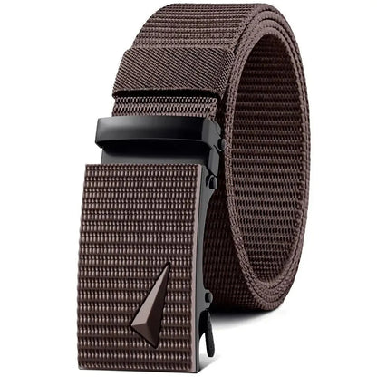 Men's Belt Automatic Metal Buckle Imitation Nylon Webbing Outdoor Work Belt Toothless Automatic Buckle Casual Sports Canvas Belt Blue Wolf Store Coffee 120cm 
