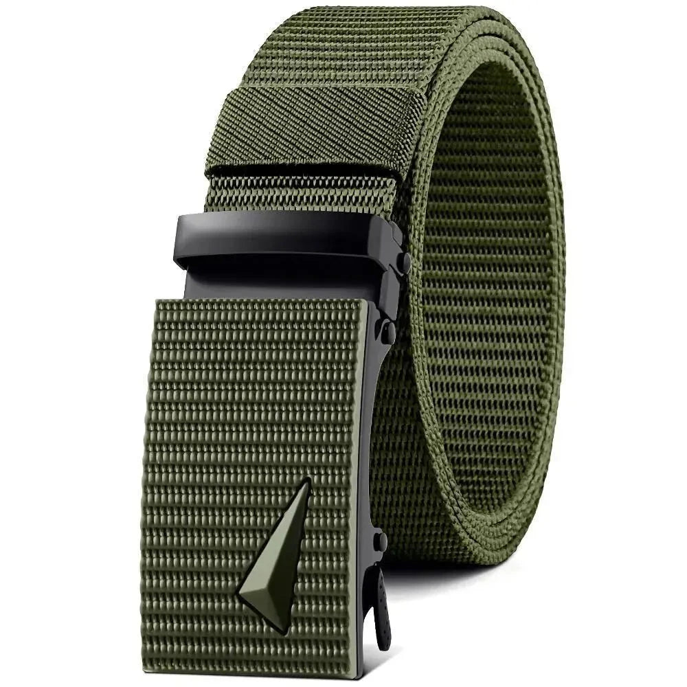 Men's Belt Automatic Metal Buckle Imitation Nylon Webbing Outdoor Work Belt Toothless Automatic Buckle Casual Sports Canvas Belt Blue Wolf Store Green 120cm 