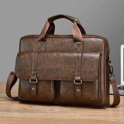 Mens Business Briefcase Large Capacity PU Leather Laptop Bag Fashion Crossbody Shoulder Tote Bag for Work Office Blue Wolf Store dark brown 