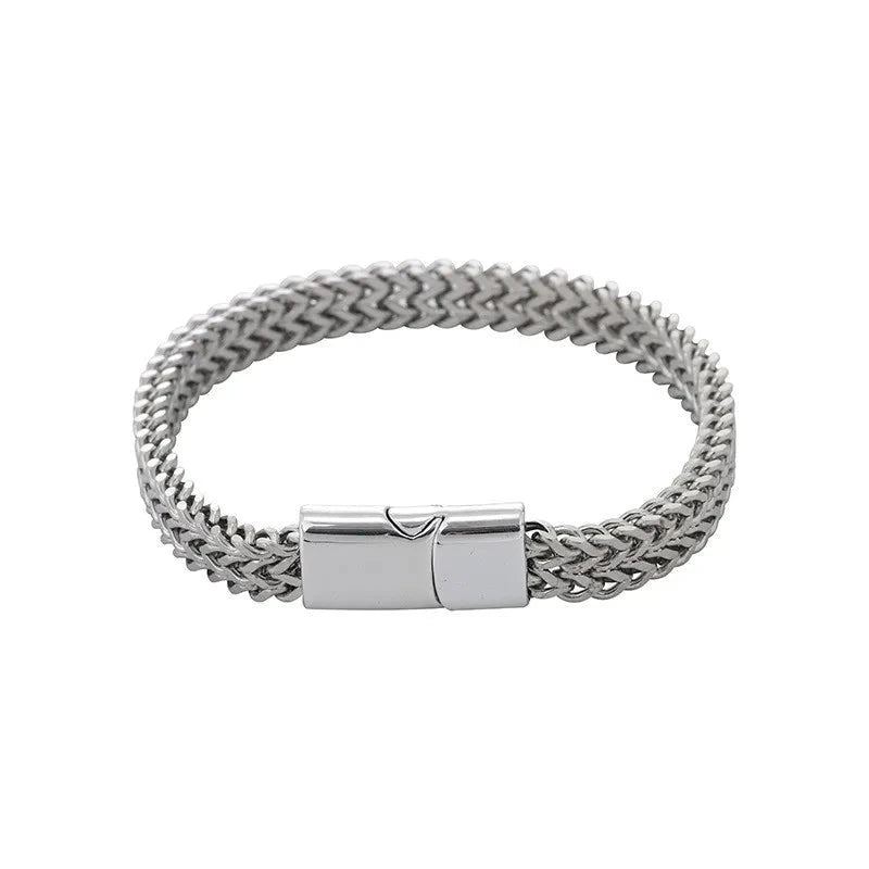 Mens Fashion Hip-hop Double-layer Braided Keel Stainless Steel Bracelet Men Personalized Party Chain Metal Bracelet Jewelry Gift Blue Wolf Store Silver 21cm Silver