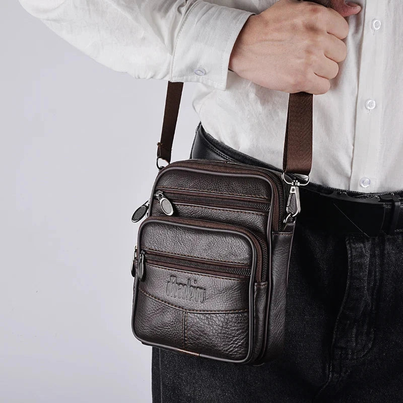 Men's Genuine Leather Crossbody Bag High Quality Zipper Pocket Retro Business Messenger Bag for Men Blue Wolf Store 