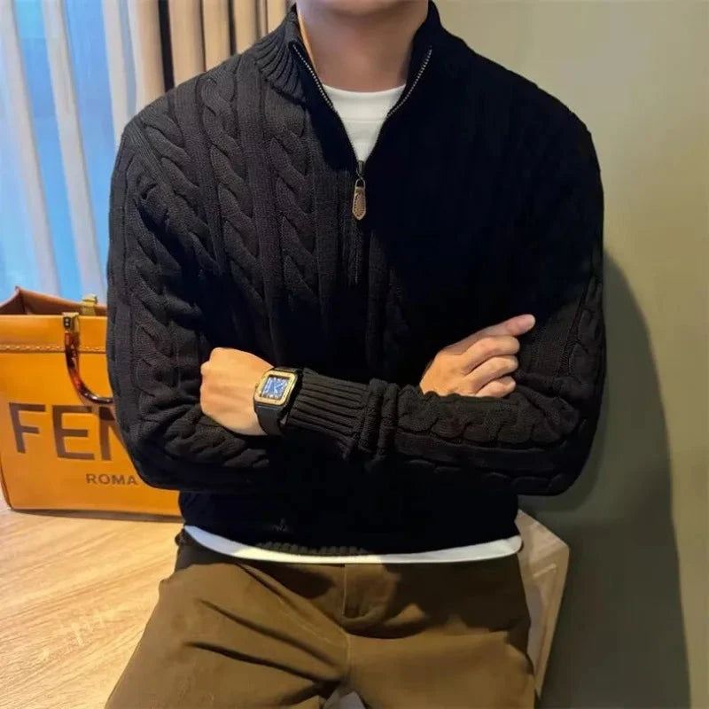 Men's Knitted Sweater Half Zipper Silk Cotton Twist Flower Collar Winter Fashion Urban Style Long Sleeve Slim Fit Korean Version Blue Wolf Store 