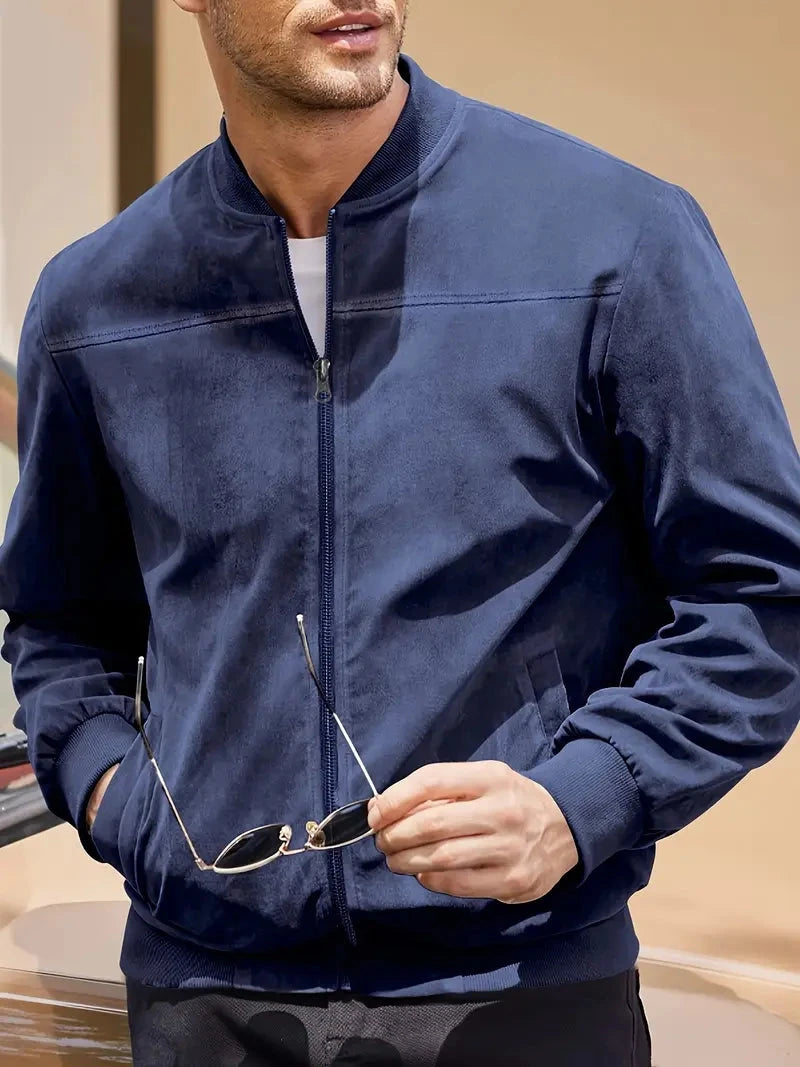 Men's suede nap fabric casual jacket Round neck zipper Solid color Sport Bomber Jacket Casual edition sports and golf fashion Blue Wolf Store 