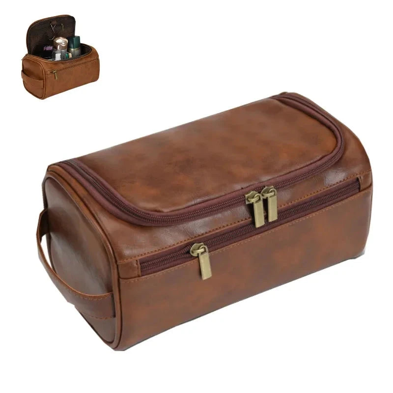Men's Vintage Toiletry Bag - Luxury Travel Cosmetic Case Hanging Wash Bag for Business Trips Male Makeup Organizer Storage Pouch Blue Wolf Store Brown 