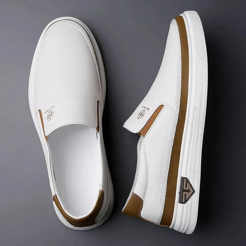 New 2025 Men's Genuine Leather Casual Sneakers Spring Summer Fashion Slip-On White Shoes Soft Sole Comfortable for Everyday Wear Blue Wolf Store 