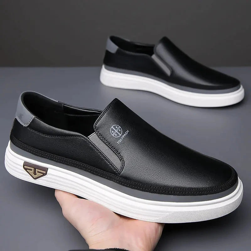 New 2025 Men's Genuine Leather Casual Sneakers Spring Summer Fashion Slip-On White Shoes Soft Sole Comfortable for Everyday Wear Blue Wolf Store 