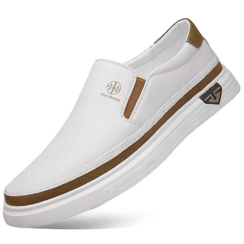 New 2025 Men's Genuine Leather Casual Sneakers Spring Summer Fashion Slip-On White Shoes Soft Sole Comfortable for Everyday Wear Blue Wolf Store 