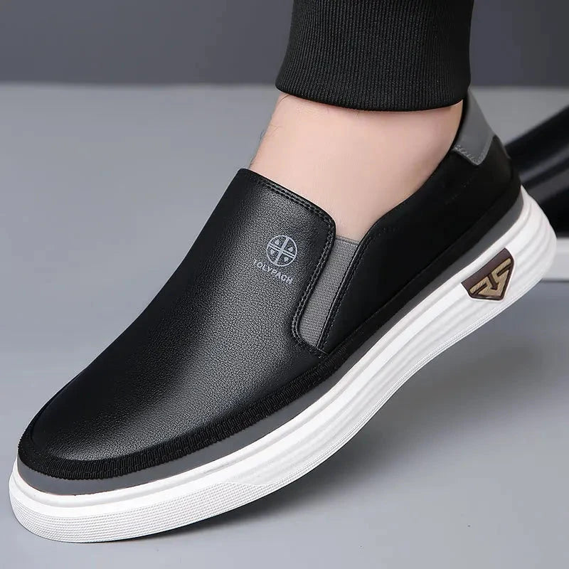 New 2025 Men's Genuine Leather Casual Sneakers Spring Summer Fashion Slip-On White Shoes Soft Sole Comfortable for Everyday Wear Blue Wolf Store 