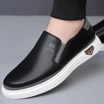 New 2025 Men's Genuine Leather Casual Sneakers Spring Summer Fashion Slip-On White Shoes Soft Sole Comfortable for Everyday Wear Blue Wolf Store 