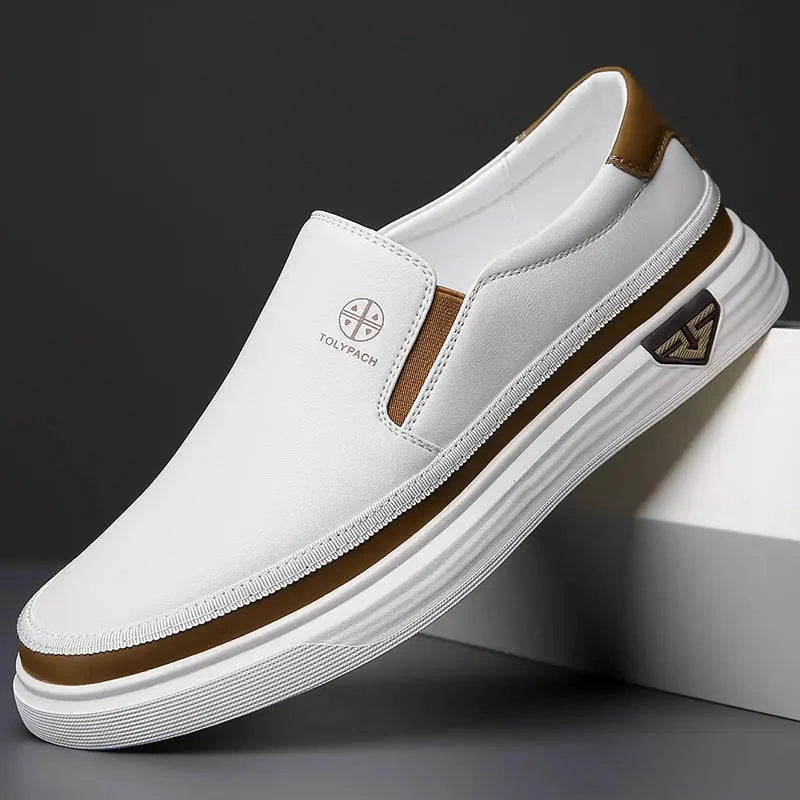New 2025 Men's Genuine Leather Casual Sneakers Spring Summer Fashion Slip-On White Shoes Soft Sole Comfortable for Everyday Wear Blue Wolf Store 
