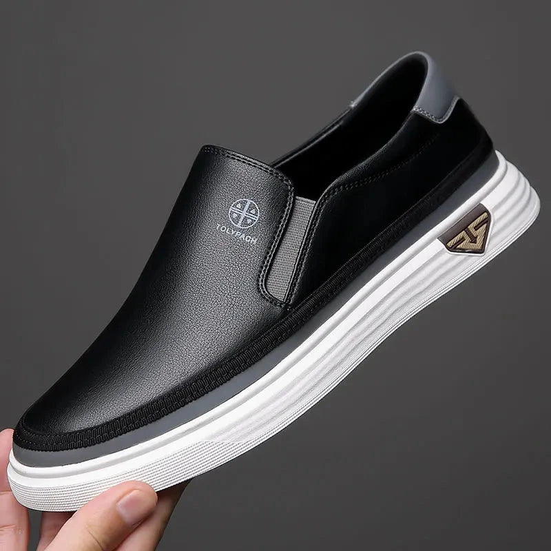 New 2025 Men's Genuine Leather Casual Sneakers Spring Summer Fashion Slip-On White Shoes Soft Sole Comfortable for Everyday Wear Blue Wolf Store black 39 